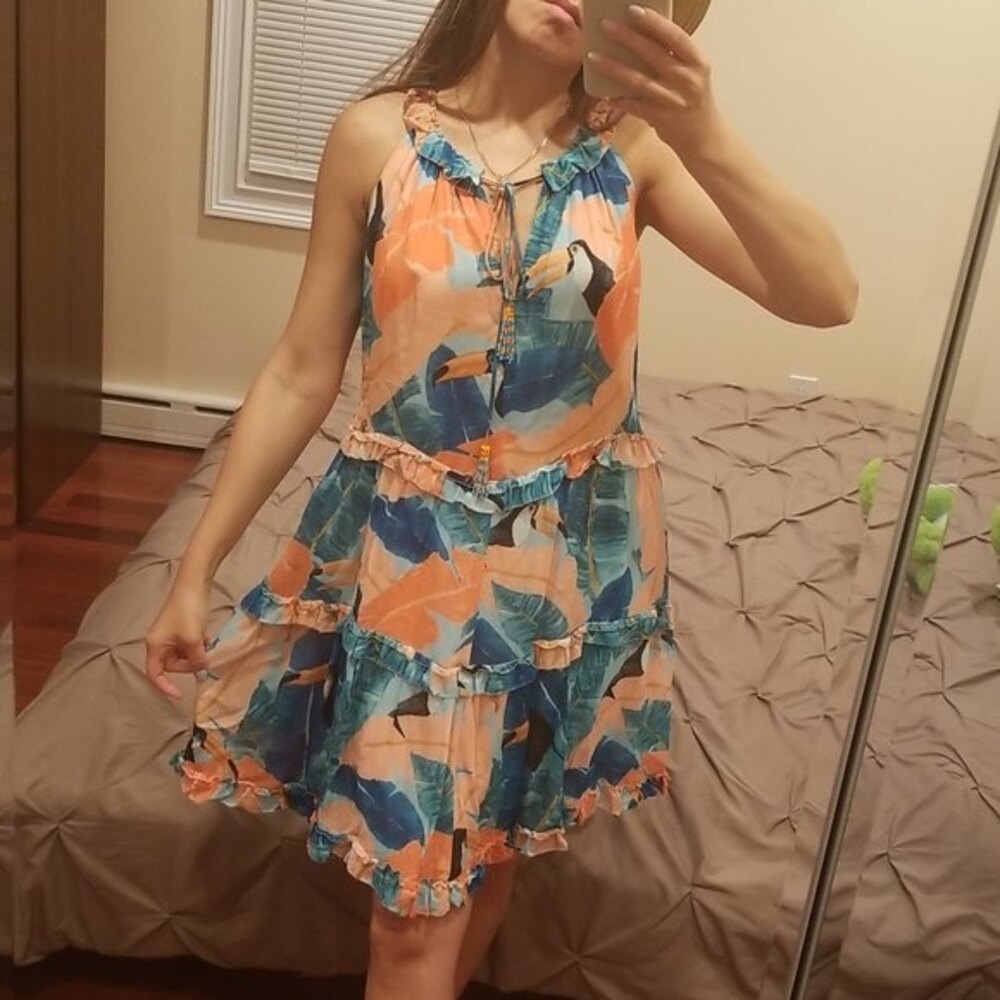 FARM Rio Brazil Orange Peach Blue Beaded Tassel Toucan Mini Dress Tropical, M - Picture 2 of 14